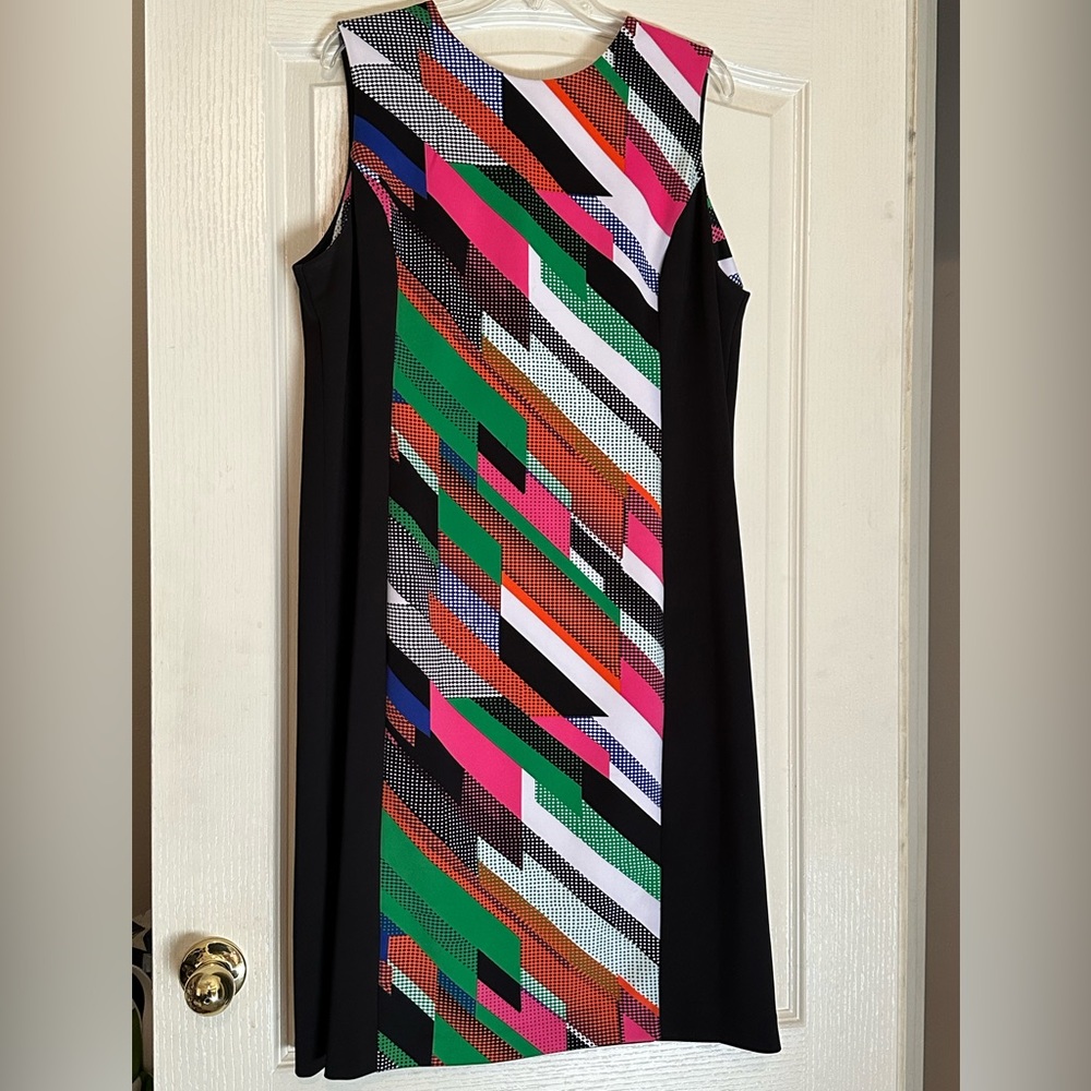 Calvin Klein Sleeveless Black and colorful block print neoprene dress size 16w